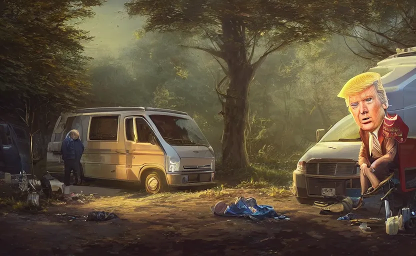 Image similar to highly detailed portrait of donald trump living in a van, down by the river, homeless, stephen bliss, unreal engine, fantasy art by greg rutkowski, loish, rhads, ferdinand knab, makoto shinkai and lois van baarle, ilya kuvshinov, rossdraws, tom bagshaw, global illumination, radiant light, detailed and intricate environment