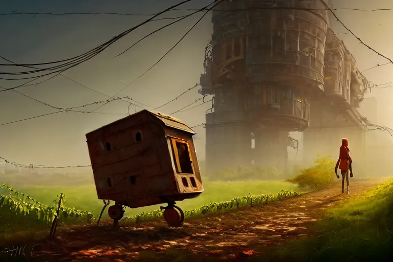 Image similar to a walking house on mechanical legs, rust, vines, city in background, hyperrealistic, highly detailed, cinematic, single ray of sun, fog, beautiful, cgssociety, artstation, 8 k, oil painting