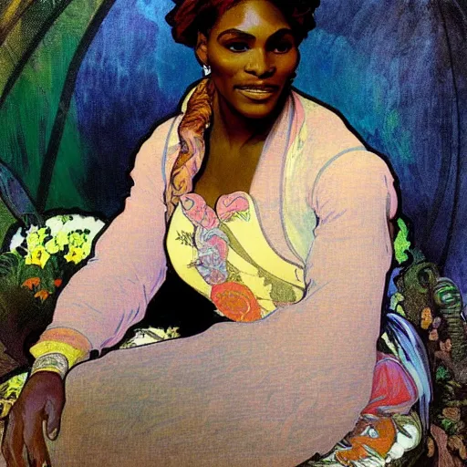 Prompt: Portrait of Serena Williams by Alfons Mucha