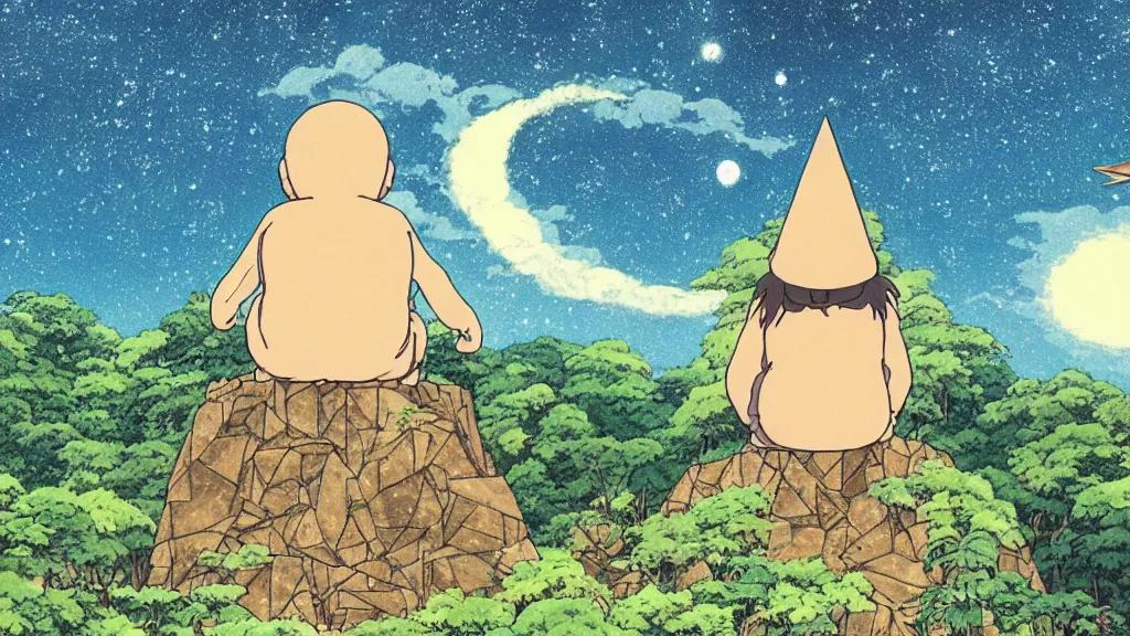 Prompt: a movie still from a studio ghibli film showing a huge dwarf meditating. a pyramid is under construction in the background, in the rainforest on a misty and starry night. a ufo is in the sky. by studio ghibli