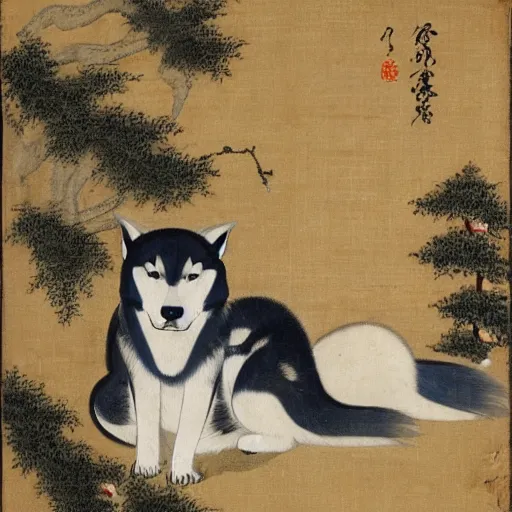 Prompt: Husky siberiano, Itō Jakuchu, 1790, hanging out with gray cat, drums