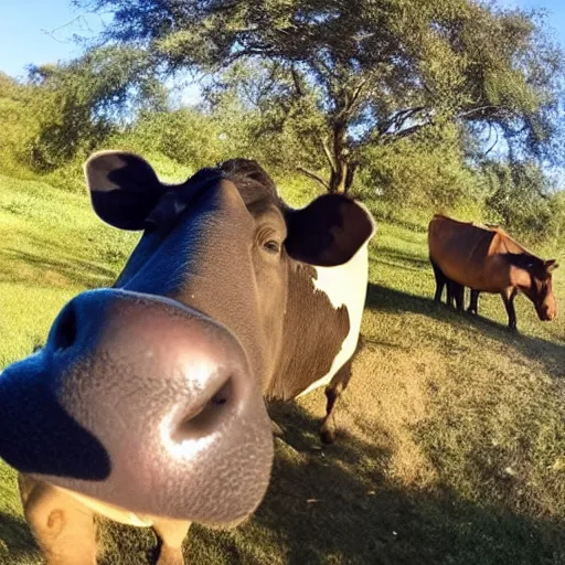 Image similar to selfie stick photo of a cow and its hippopotamus best friend. photograph. nature photography. high quality.