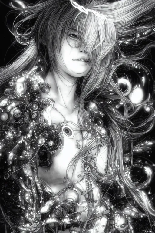 Image similar to a vertical portrait of a character in a scenic environment by Yoshitaka Amano, black and white, dreamy, cybernetic suit, wavy long black hair, highly detailed