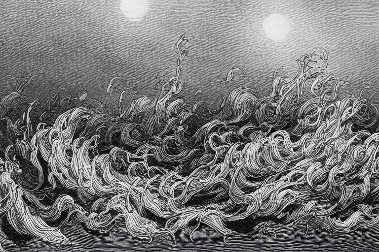 Prompt: black and white, close-up portrait of flowers drowning in the storm ocean, Gustave Dore lithography