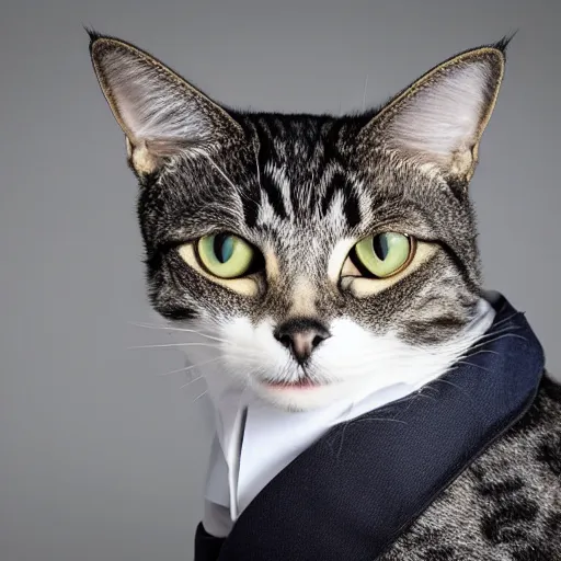 Prompt: studio portrait photo of a cat wearing a suit