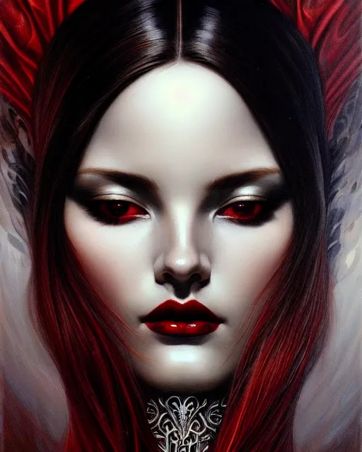 Image similar to portrait of a beautiful goddess, enigmatic beauty, dominant shades of black, silver, dark red, white, head in focus, fantasy art, ornamental aesthetics, intricate, elegant, highly detailed, hyperrealistic, artstation, concept art, soft illumination, painterly, sharp focus, by karol bak