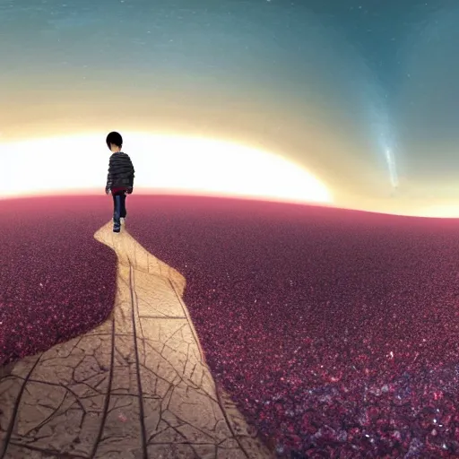 Prompt: a _ child _ walking _ down _ a _ liminal _ styled _ space _ stunning _ sunset _ in _ a _ heavenly _ crystallized _ garden _ of _ eden _ notan _ 3 d _ architecture _ single _ point _ perspective _ f 2 2 _ untra _ long _ shot _ wide _ angle _ lens _ trending _ on _ artstation