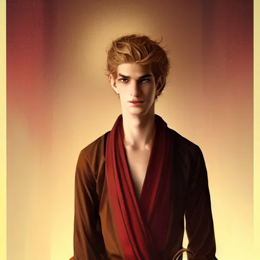 Prompt: colorful Captivating teenage boy with brown blond hair and facial structure like andrew garfield, brown eyes with red eye markers, slim body, wearing a detailed Japanese kimono with golden details, atmospheric lighting, painted, intricate, 4k, highly detailed by Charlie Bowater