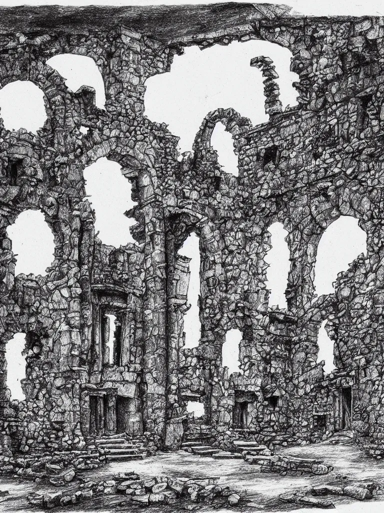 Image similar to A pen drawing of a dilapidated ancient castle building in the wood, by Juan Francisco Casas, high detailed