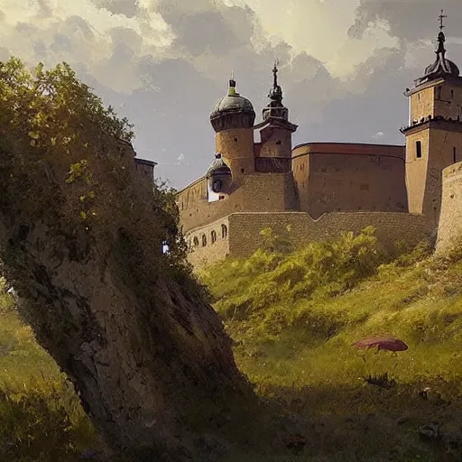 Prompt: greg rutkowski painting of an island flying in the air above a barren wasteland, on the island there is a cracow wawel castle and a lot of green vegetation, beautiful, detailed