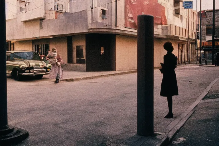 Image similar to street photography, light and shadow effects, golden time, color, loneliness, by matt stuart, elliot erwitt, stephen shore, william eggleston, junku nishimura.