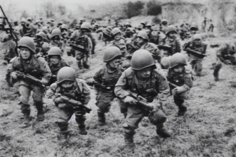 Image similar to baby soldiers storming normandy, old world war 2 photo, film grain