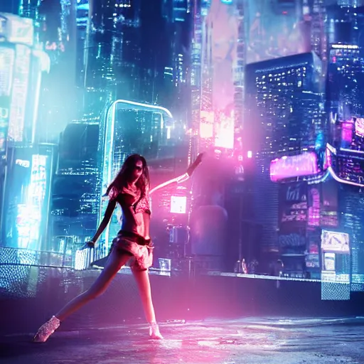 Image similar to a girl like (yoona, Elle Fanning), punching in a bag, background cyberpunk city, full shot, photo, volumetric lighting, epic composition, intricate details, dark neon punk, by KDA