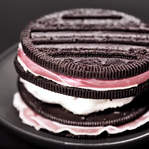 Image similar to oreo Ice cream sandwich with thin sliced ham in the middle, 4K photo, studio lighting