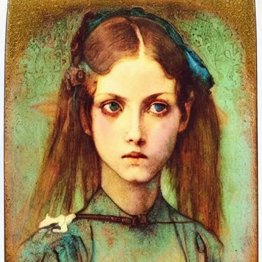 Prompt: a beautiful young lady with huge bright silver eyes, colored vintage daguerreotype by pontormo, by gustave moreau, by Mackintosh, by schiele, art noveau, highly detailed, strong lights, liminal, eerie, Bright pastel colors