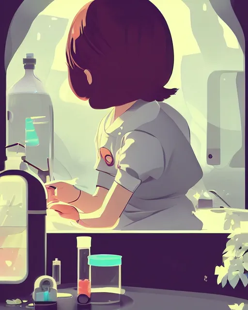 Image similar to a little girl is doing a science experiment. clean cel shaded vector art. minimalist illustration art by lois van baarle, artgerm, helen huang, petros afshar by makoto shinkai and ilya kuvshinov, rossdraws