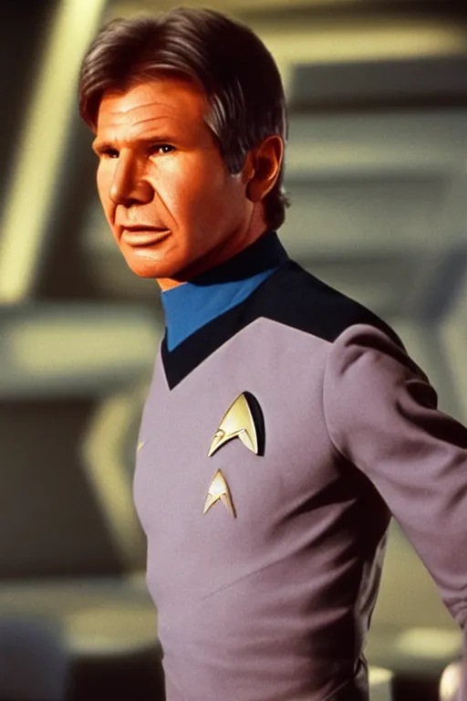 Image similar to photorealistic!! middle aged harrison ford as a star trek captain, blue starfleet uniform, film quality