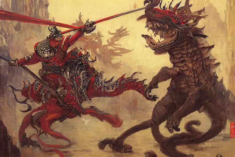 Image similar to monkey king medieval chines armor fighting dragon in tokyo city by gaston bussiere