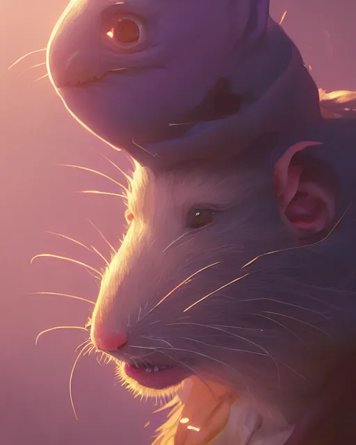 Image similar to highly detailed vfx portrait of a rat, unreal engine, greg rutkowski, loish, rhads, beeple, makoto shinkai and lois van baarle, ilya kuvshinov, rossdraws, tom bagshaw, alphonse mucha, global illumination, detailed and intricate environment