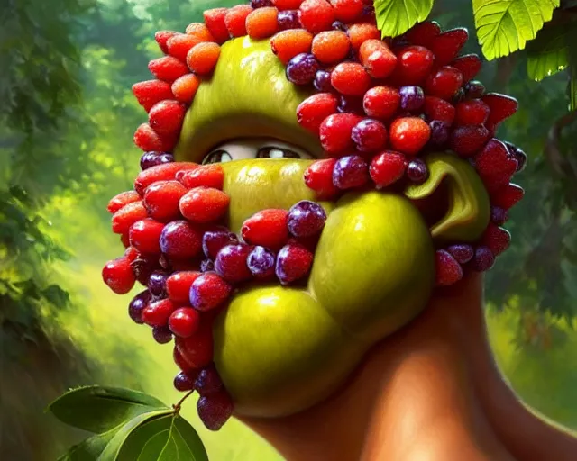 Image similar to a fruit monster made of different fruit, 3 7 1, walking around in forest, detailed mouth, detailed eyes, forest background, trees and flowers, trees in foreground, rays of golden sunlight, oil painting, highly detailed, dramatic lighting, hyperrealistic, smooth, intricate, artstation, cgsociety, by artgerm, by wlop