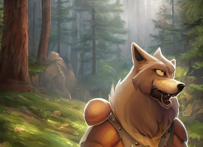 Prompt: a big cartoonish cute anthropomorphic wolf is near a construction site of a brick house in a mystical forest full of wonders, pine trees, magical atmosphere, trending on artstation, 30mm, by Noah Bradley trending on ArtStation, deviantart, high detail, stylized portrait H 704