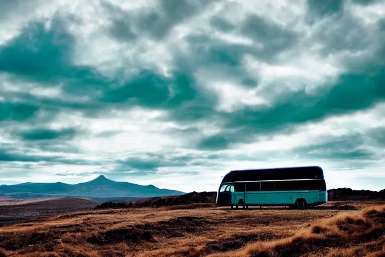 Image similar to A stunning landscape image of Hegra, bus ,dramatic lighting, emerald sky,