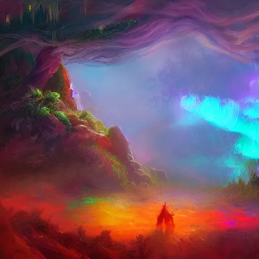 Image similar to landscape of Aloy with pistol swimming in chromatic SPIRITS in misty mysterious astral temple, beautiful, dmt, trending on artstation, omnious, soft, artwork by Wong, Liam