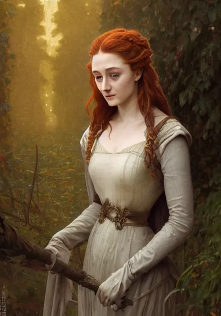 Image similar to portrait of sansa stark in foggy ruins of castle, autumn, intricate, elegant, highly detailed, digital painting, artstation, concept art, smooth, sharp focus, illustration, art by artgerm and greg rutkowski and alphonse mucha and william - adolphe bouguereau