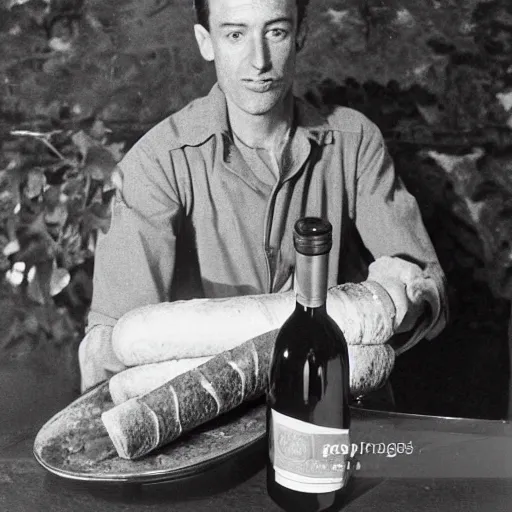 Image similar to a frenchman with a baguette and a bottle of wine in 1 9 5 0