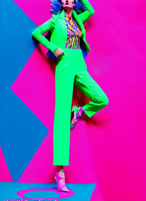 Image similar to bright trouser suit for a rave, bright colors, many details, prints, photo for a magazine, photo for a store, fashion photography, Vogue, 135 mm, cinematic, hyper realism, high detail, 8k, Two models in the frame, dynamic pose,Smooth skin, perfect face