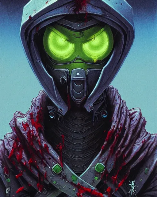 Image similar to genji the cyber ninja from overwatch, zombie ninja, zombie, character portrait, portrait, close up, concept art, intricate details, highly detailed, horror poster, horror, vintage horror art, realistic, terrifying, in the style of michael whelan, beksinski, and gustave dore