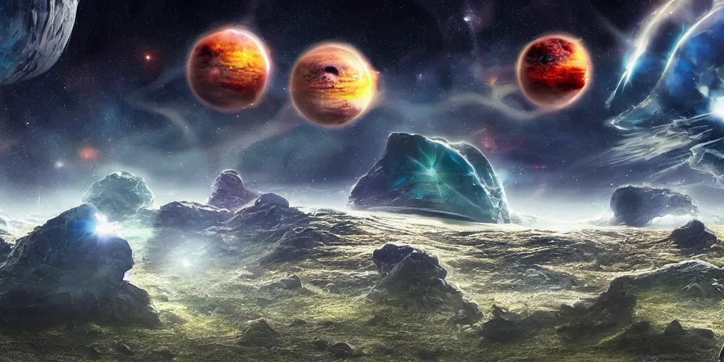 Image similar to alien world, beautiful landscape, digital art, space in the sky, planet ring, spaceship, explosion further away