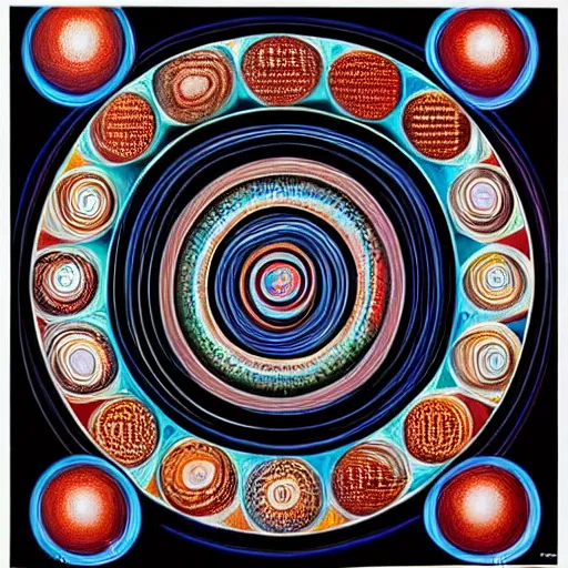 Image similar to Alex Grey painting of someone putting on a contact lens, repeating patterns