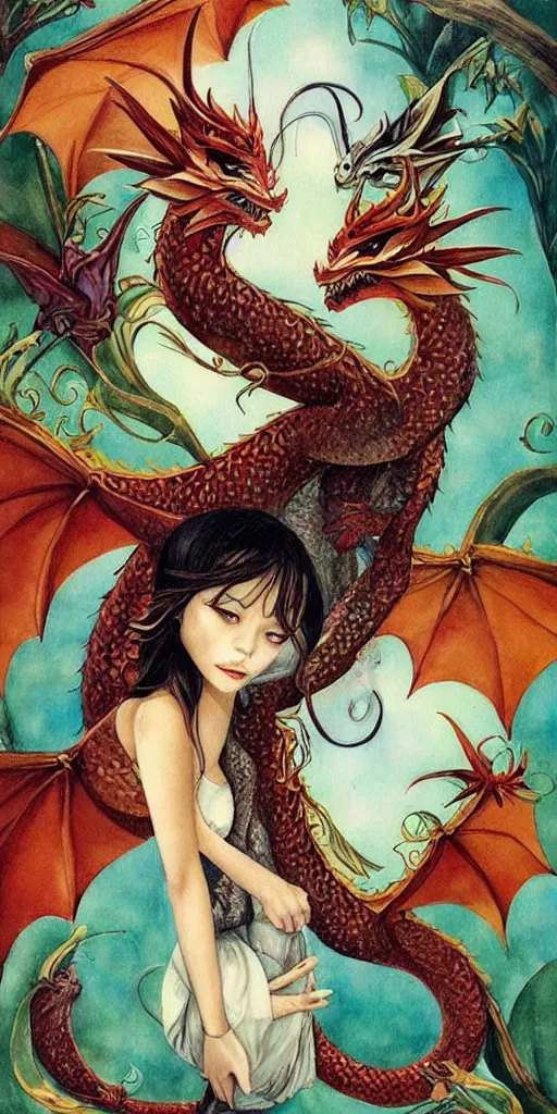 Image similar to greeting card, love, 2 beautiful dragons, by tran nguyen, warm colors, cozy