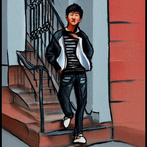 Image similar to fashion sketch of an asian teenager doing a warm up on a brownstone stoop.