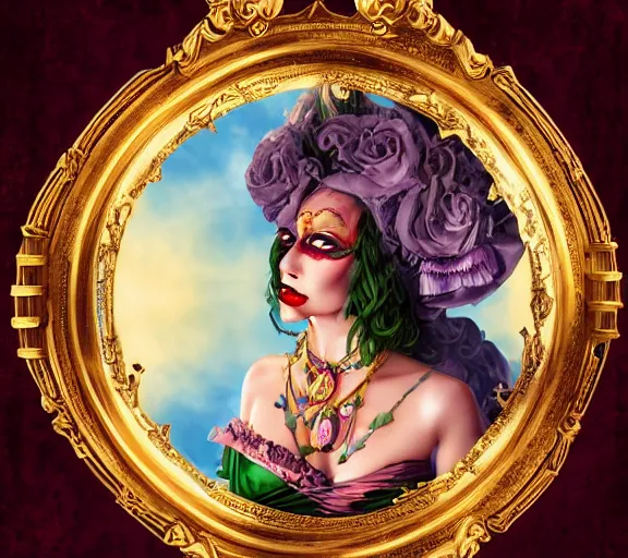 Image similar to beautiful female character inspired by new orleans mardi gras and rococo vampire bounty hunter | | digital artwork made by greg rutswork, anna dittmann and lois van barlee, symmetrical rim light, anatomically correct