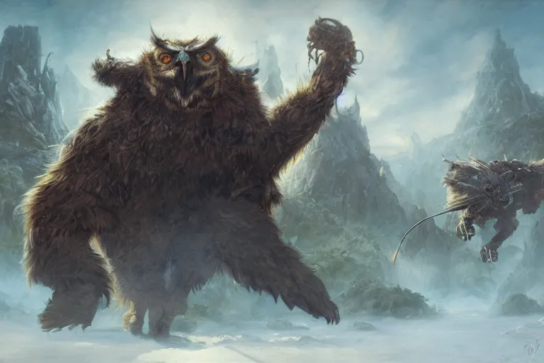Image similar to An awesome painting of an intimidating large owlbear encounter, video game concept art by Jean Baptiste Monge, Brian Froud, Wizards of the Coast, Magic The Gathering, Blizzard, Games Workshop, Greg Rutkowski, Craig Mullins, WETA, Elder Scrolls.