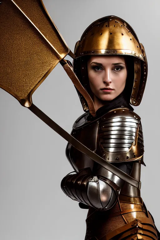 Image similar to female medieval knight, leather armor, brown hair, by louis vuitton, gold and luxury materials, symmetrical, cinematic, elegant, professional studio light, real dlsr photography, sharp focus, 4 k, ultra hd, sense of awe, high fashion