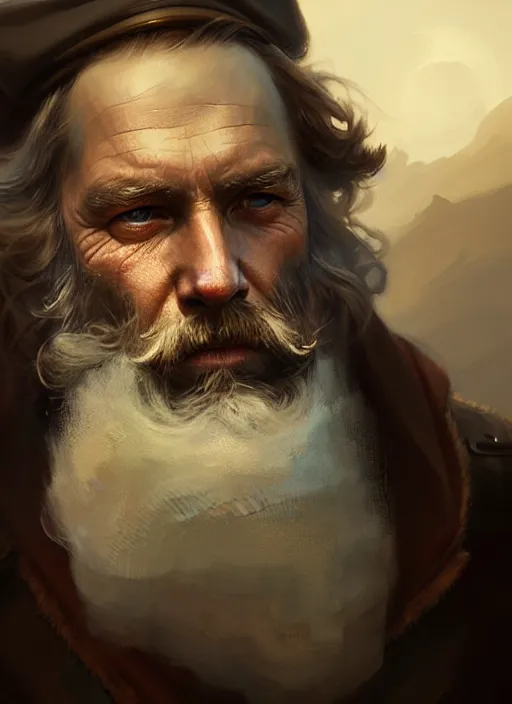 Image similar to portrait of a rugged sea captain, victorian, concept art, detailed face, fantasy, close up face, highly detailed, cinematic lighting, digital art painting by greg rutkowski