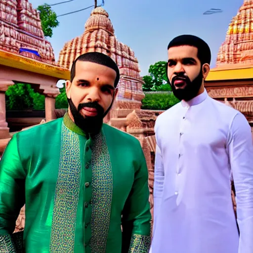 Prompt: kovil in background, wearing a silk kurta, daytime photograph of drake the rapper, drake the rapper's face, daytime lighting