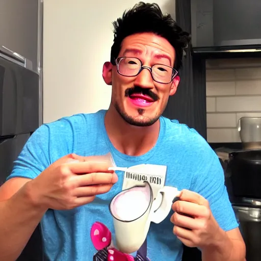 Prompt: markiplier drinking milk, spilling everywhere, overconsumption