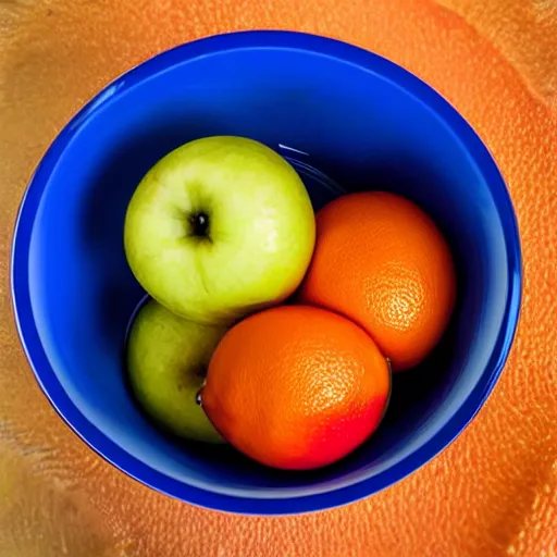 Prompt: A blue apple in a bowl of oranges