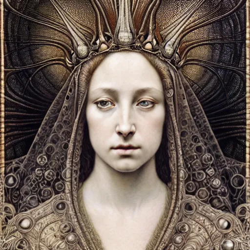 Image similar to detailed realistic beautiful young medieval queen face portrait by jean delville, gustave dore, iris van herpen and marco mazzoni, art forms of nature by ernst haeckel, art nouveau, symbolist, visionary, gothic, neo - gothic, pre - raphaelite, fractal lace, ai biodiversity, surreality, intricate hyper detailed ultra sharp octane render