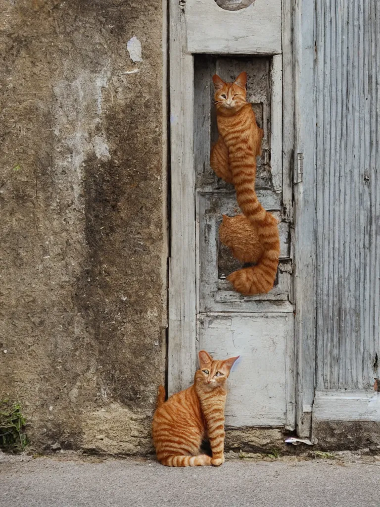 Image similar to a door into summer on the city street, a ginger cat sits near the door