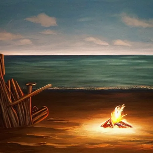 Prompt: Campfire on the beach, Moonlit ocean, Secluded beach, Painting, intricate details