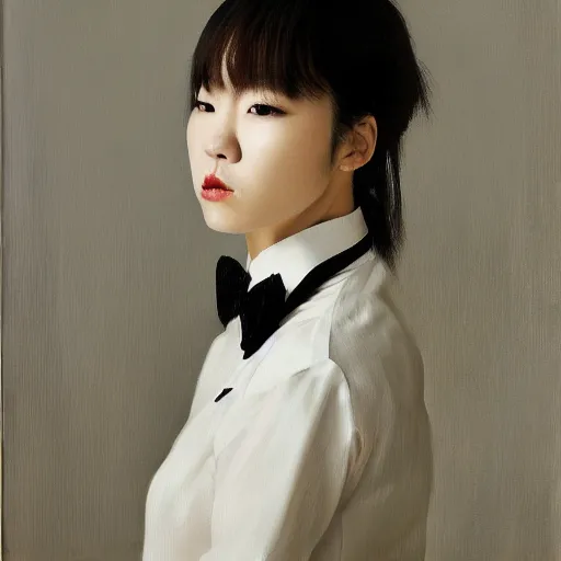 Image similar to portrait of a beautiful korean girl wearing a men's tuxedo, with long hair and bangs, angular features, angry expression, oil on canvas, elegant pose, masterpiece, Jonathan Yeo painting
