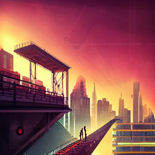 Prompt: “ a man standing on top of a bridge over a city, cyberpunk art by vincent lefevre, behance contest winner, altermodern, cityscape, synthwave, matte painting ”