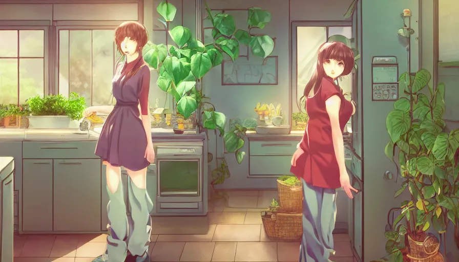 Image similar to a woman standing in a kitchen next to a plant, a storybook illustration by kiyohara tama, pixiv contest winner, magic realism, pixiv, official art, anime aesthetic