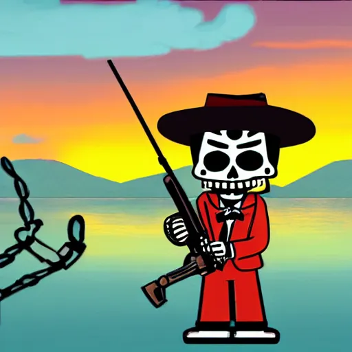 Prompt: manny calavera sitting with a rifle, in a cabin, on a lake, sunrise, grim fandango style,