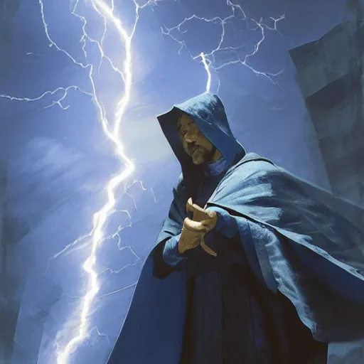 Prompt: A wizard summoning a lightning bolt, wearing deep blue robes, by Craig Mullins